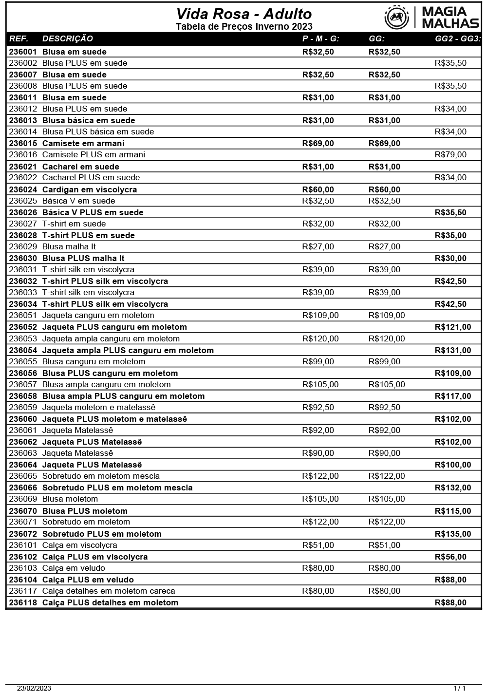 Lista preços inverno 2023 - Magia Malhas